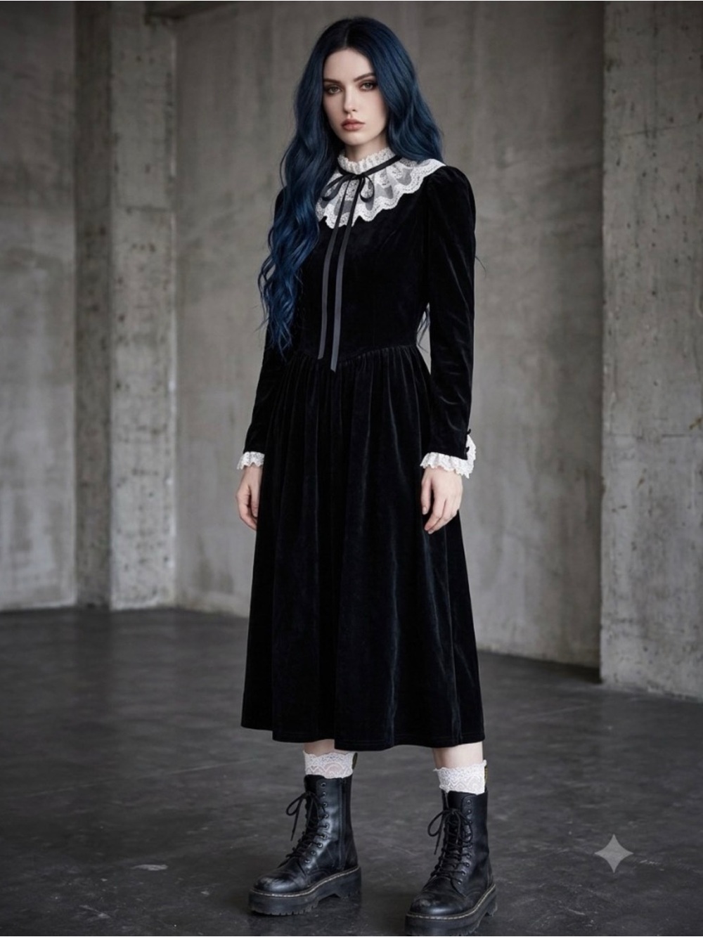 Vintage Victorian Goth Black Velvet Lace Bow Tie Peter Pan Collar Midi Dress XS